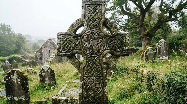 Ancient celtic stone cross in old cemetery