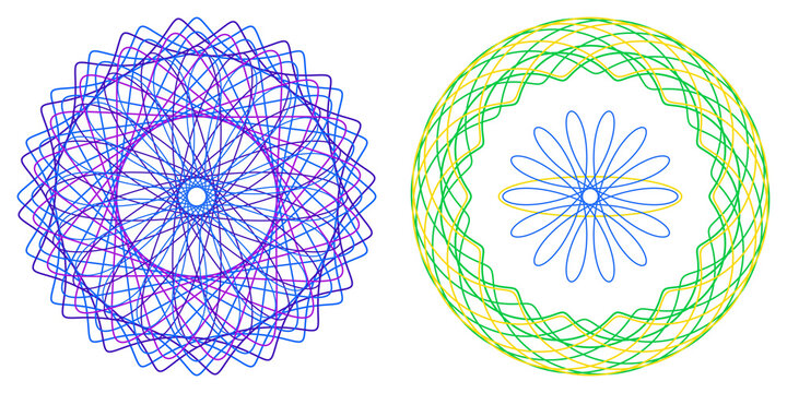 Deep Ocean Star and Emerald Galaxy Spirograph Duo Cool Tone Transparent Background