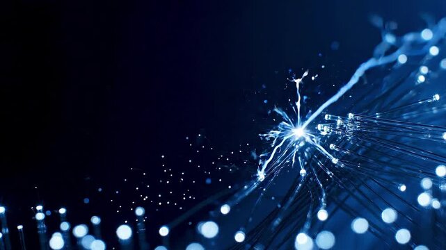 Close-Up High-Tech Energy Flow with Blue Electric Sparks and Voltage Pulses inside Micro-Fiber Network