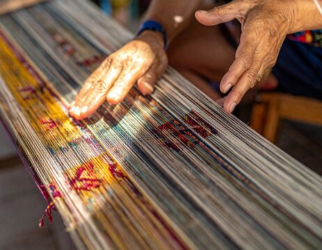 Close-up of artisan hands weaving traditional colorful textile fabric on a wooden loom