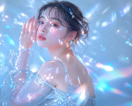 Young woman illuminated by blue iridescent reflections with luminous makeup and elegant styling.