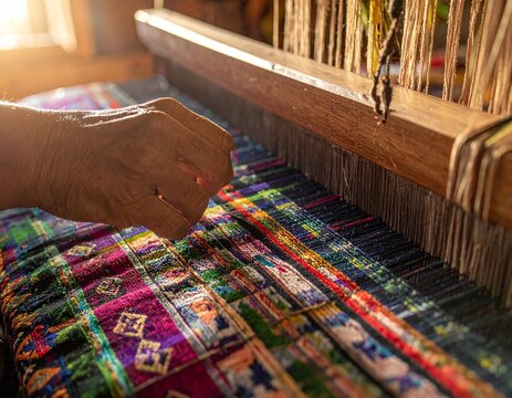 Close-up of a skilled artisan weaving traditional colorful patterns on a rustic wooden handloom with precision and cultural heritage