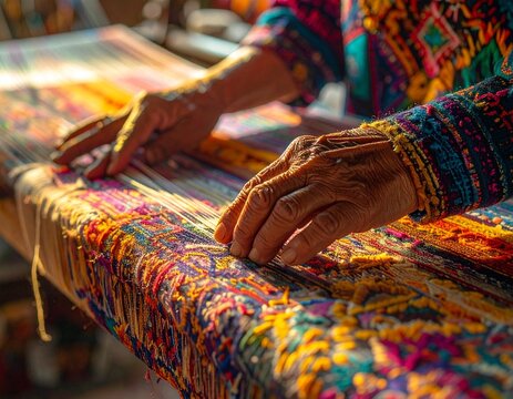 Skilled artisan hands weaving intricate traditional patterns on a vibrant handmade textile loom using ancestral craftsmanship techniques
