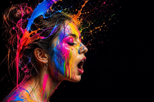 Woman covered in splashing paint with eyes closed, expressing intense emotion and release.