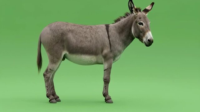 A grey donkey standing against a solid green screen for easy isolation