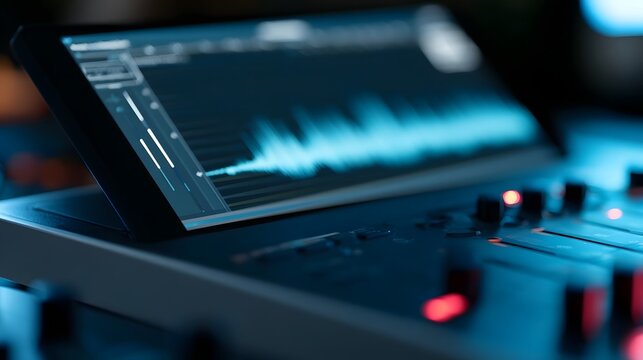 A digital audio workstation screen displays waveform data while illuminated by cool blue lighting on a sleek control panel
