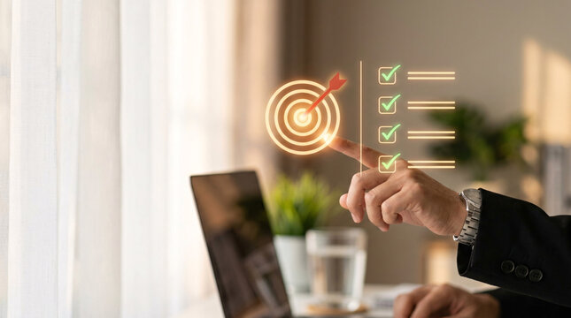 Businessman pointing at a glowing target with arrow and checklist icons, representing goal setting, achievement, and project completion in business strategy, planning, and success