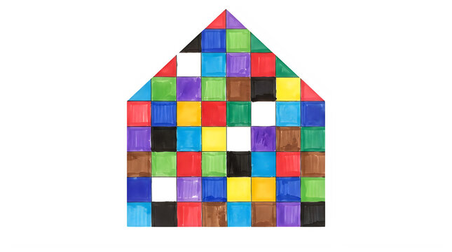 Colorful house icon made of many small square pixel blocks