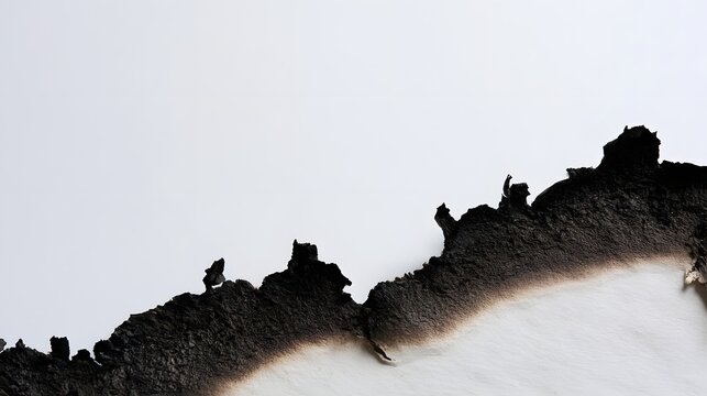 Close up of charred paper edges showing textured burnt patterns against a plain white background