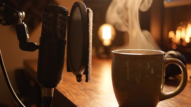 Close-up of condenser microphone with pop filter beside steaming coffee mug on wooden desk, warm fireplace glow in background