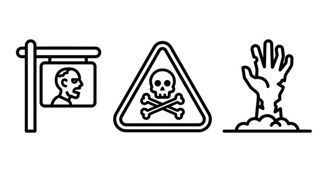 Set of halloween horror icons featuring zombie sign warning symbol and rising hand from grave halloween silhouette monsters paranormal cemetery tombstone nightmare afterlife supernatural