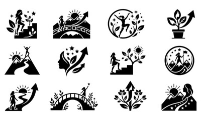 Fototapeta premium Icons Depicting Environmental Growth and Sustainability Concepts with Plants, Energy, and Human Actions in Minimalist Vector Style