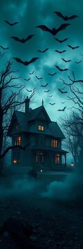 A spooky haunted house surrounded by eerie trees with bats flying overhead, vector, moon
