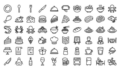 Fototapeta premium Professional Restaurant Food Menu and Dining Outline Icon Set Editable Stroke Vector Illustration