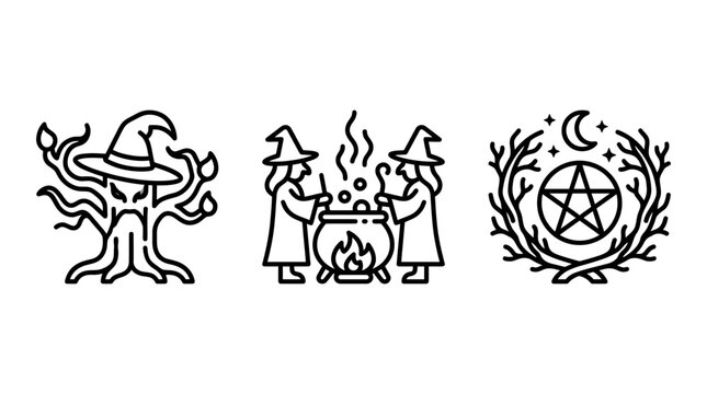 Witchcraft and magic icon set featuring an ent two witches brewing a potion a pentagram symbol witchcraft cauldron pentagram collection mystical folklore halloween illustration graphics