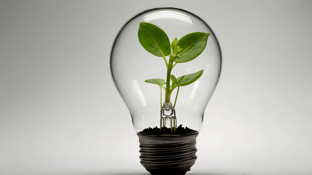 Green plant sprout growing inside transparent light bulb eco technology concept