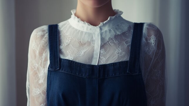 Long dark navy denim dress layered over delicate white lace, elegant style