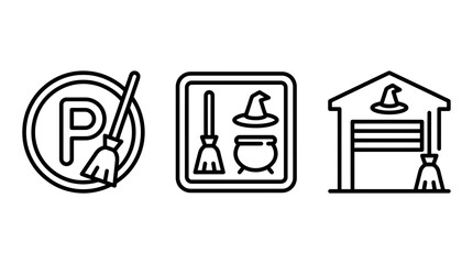 Fototapeta premium Icon set depicting magical parking and storage including a witch broom parking sign a cauldron set a broom garage line art cauldron illustration mystical supernatural business graphics