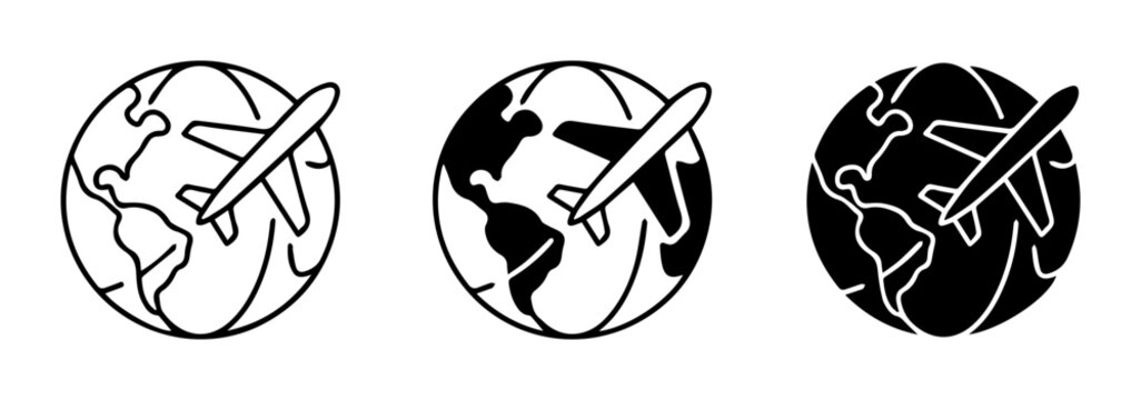 Global Travel Icons, Airplane Around Earth Vector Set, International Flight Symbols, Transportation Graphics