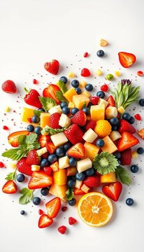 Fresh fruit salad explosion on light gray background, representing balanced nutrition, still life, food art