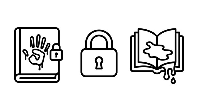 Set of line art book icons featuring a locked diary with handprint and an open book with liquid spill handprint education knowledge minimalist illustration isolated pictogram protection