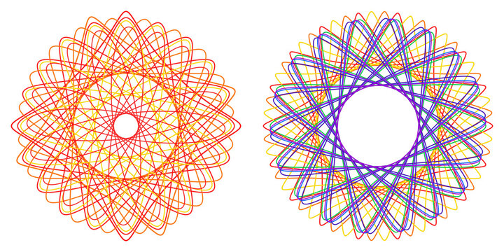 Fiery Rings and Rainbow Star Spirograph Duo Bold Geometric Transparent Background