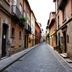 Fototapeta premium Old cobblestone street lined with historic buildings, Toronto, cityscape
