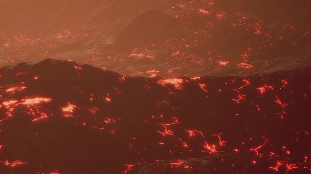Hot lava moves slowly across the ground in a volcanic area. The scene shows the glowing red surface. There are no signs of life in this place.
