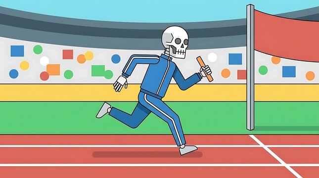 Skeleton athlete running track with baton cartoon illustration.