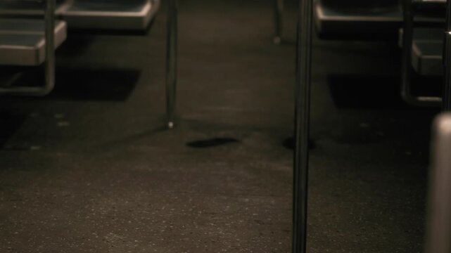 A train car is empty with visible seating and floor. The lights are dimmed, and the atmosphere feels quiet. There is no one present in the car at this late hour.