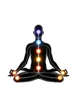 Chakra energy system in a meditating human body silhouette on transparent background