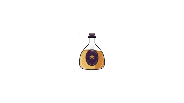 Animated magic potion bottle filling with golden liquid on white