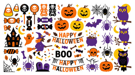 Fototapeta premium Halloween Party Icons Collection Ghosts Bats Spiders Owls Pumpkins and Haunted House