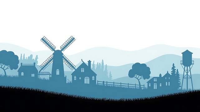 Blue landscape silhouette with windmill and farm houses