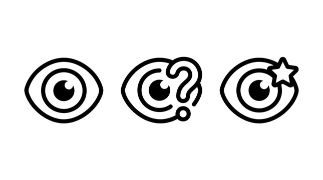 Set of three linear icons representing eye vision perception curiosity and discovery with eye icon perception question discovery curiosity illustration attention investigate awareness