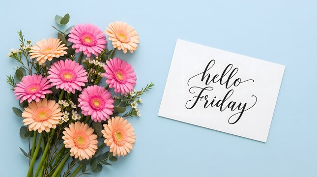 A beautiful bouquet of colorful gerbera daisy flowers next to a note that says hello friday