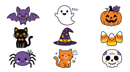 Fototapeta premium Cute Halloween Icons Bat Ghost Pumpkin Cat Spider Witch Hat Candy Corn Skull