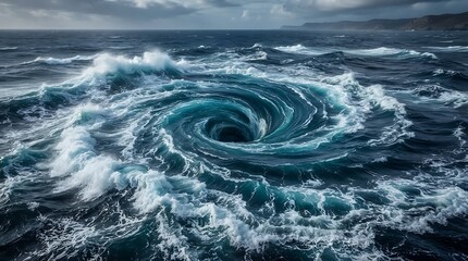 Obraz premium Spiral ocean waves with stormy sky above