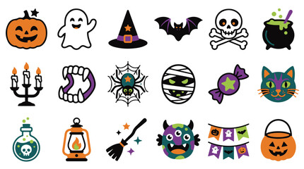 Obraz premium Cute Halloween Icons Set Pumpkin Ghost Bat Witch Hat Candy and More