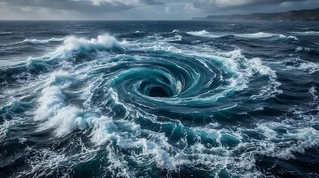 Spiral ocean waves with stormy sky above