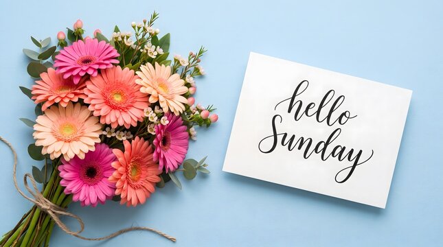 A beautiful bouquet of colorful gerbera daisies next to a white card with the text hello sunday