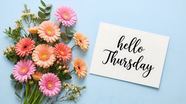 Beautiful bouquet of colorful gerbera flowers with a white card featuring the handwritten text hello thursday