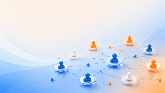 Decentralized people network connects individual profiles across blue and orange digital landscape for collaboration