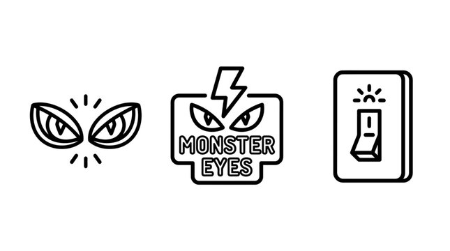 Set of cartoon monster eyes and light switch icon with creature electrical mysterious halloween illustration minimalist frightening watchful collection character