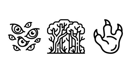 Fototapeta premium Set of monster footprint and dark forest with many watching eyes icon outline footprint illustration isolated supernatural paranormal creature watchful menacing wilderness adventure
