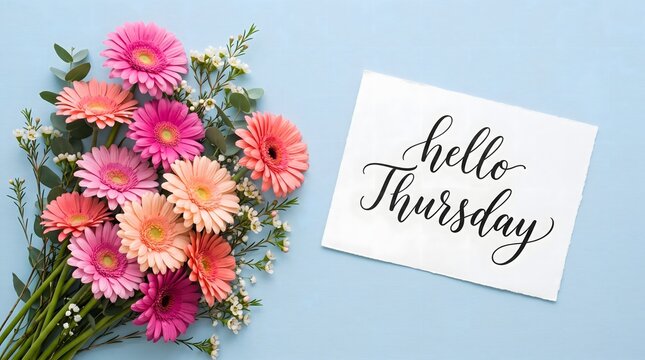 A beautiful bouquet of colorful gerbera daisies next to a white card with hello thursday written on it