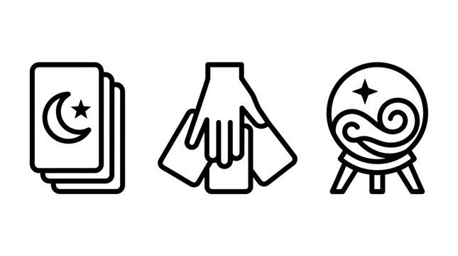 Set of mystic outline icons including tarot cards hand and crystal ball with hand reading esoteric symbols esoteric divination astrology spiritual prediction esotericism illustration