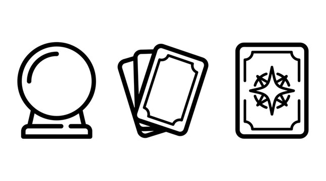 Icon set featuring crystal ball and tarot cards for fortune telling and esoteric divination esoteric mystical supernatural prediction witchcraft spiritual palmistry astrology