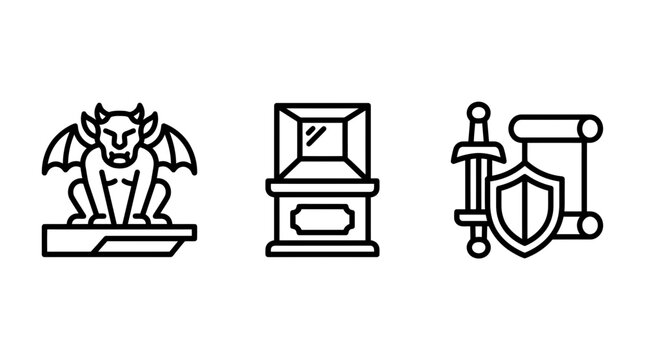 Medieval fantasy icons featuring gargoyle statue and royal archive scroll gargoyle medieval mythical creature architecture parchment protection illustration heraldry sculpture mystical
