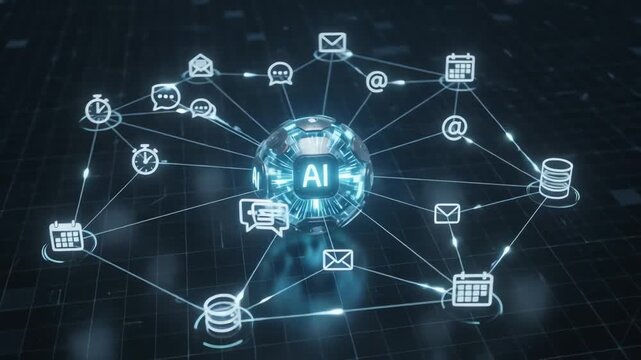 Futuristic AI Assistant Core Connected to Floating Icons in Dark 3D Digital Network